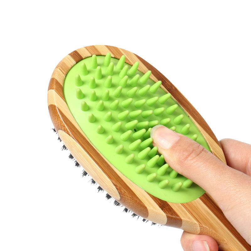 Double Sided Bamboo Dog Brush with Silicone Massager