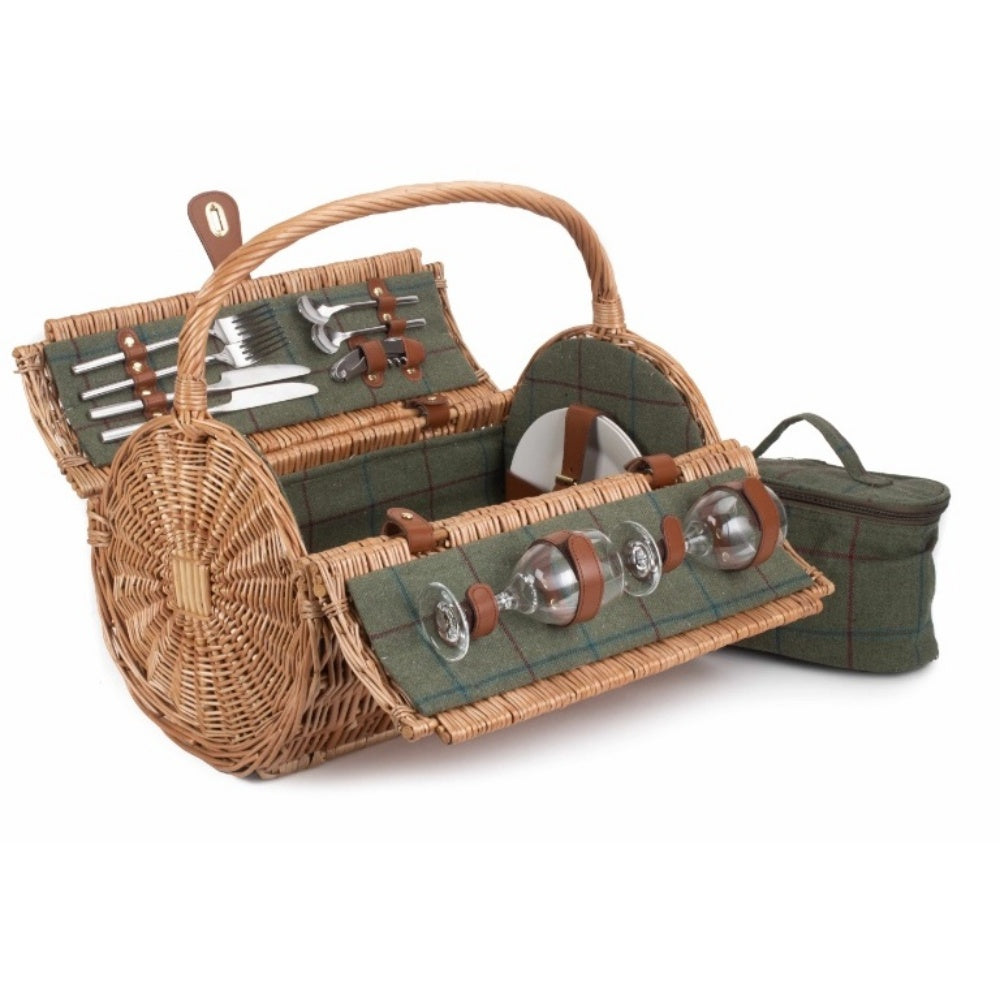 2 Person Green Tweed Barrel Wicker Picnic Basket