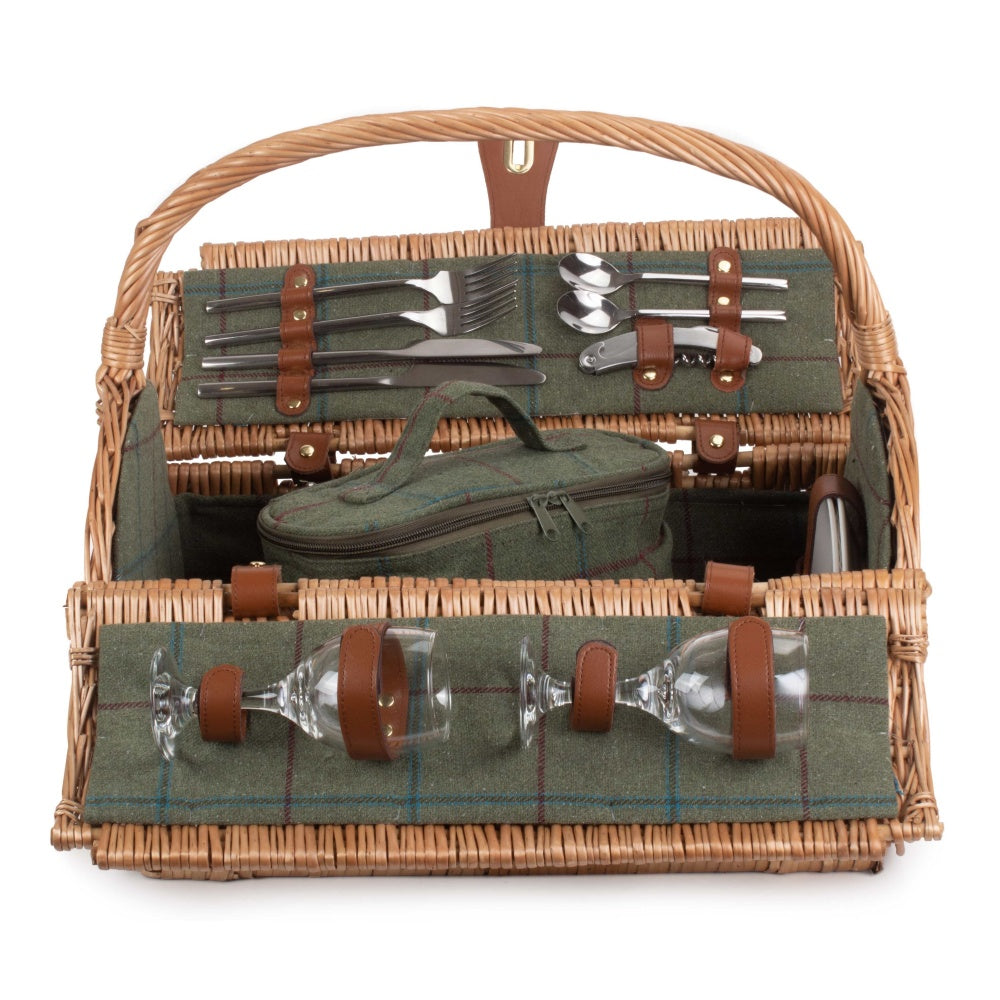 2 Person Green Tweed Barrel Wicker Picnic Basket
