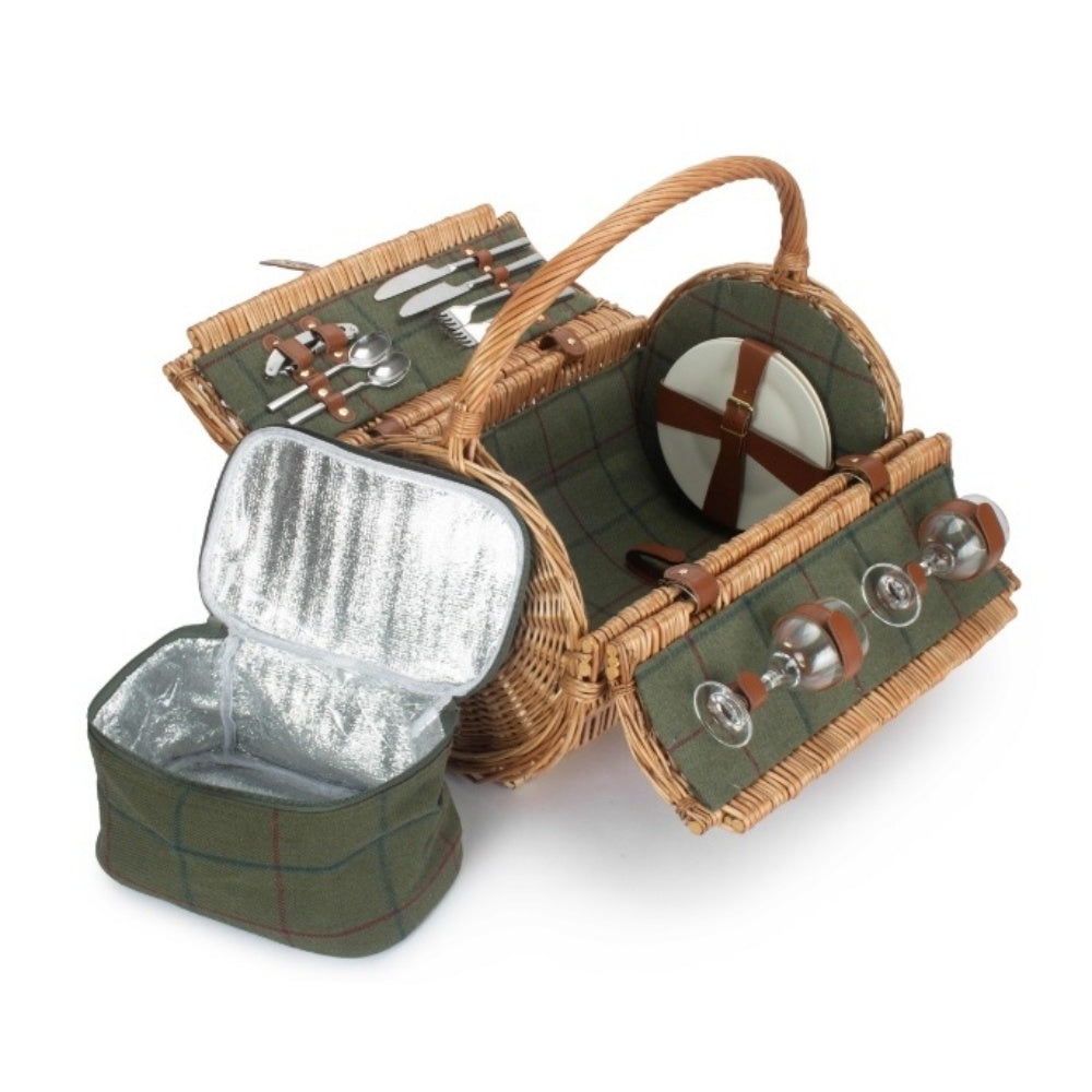 2 Person Green Tweed Barrel Wicker Picnic Basket