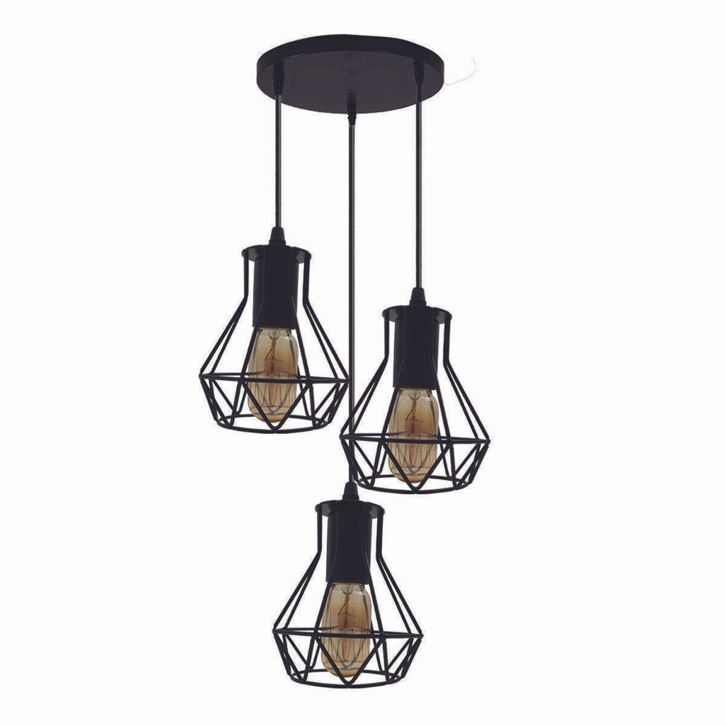 Modern Ceiling 3 Head Pendant Light Fitting Metal Black Cage