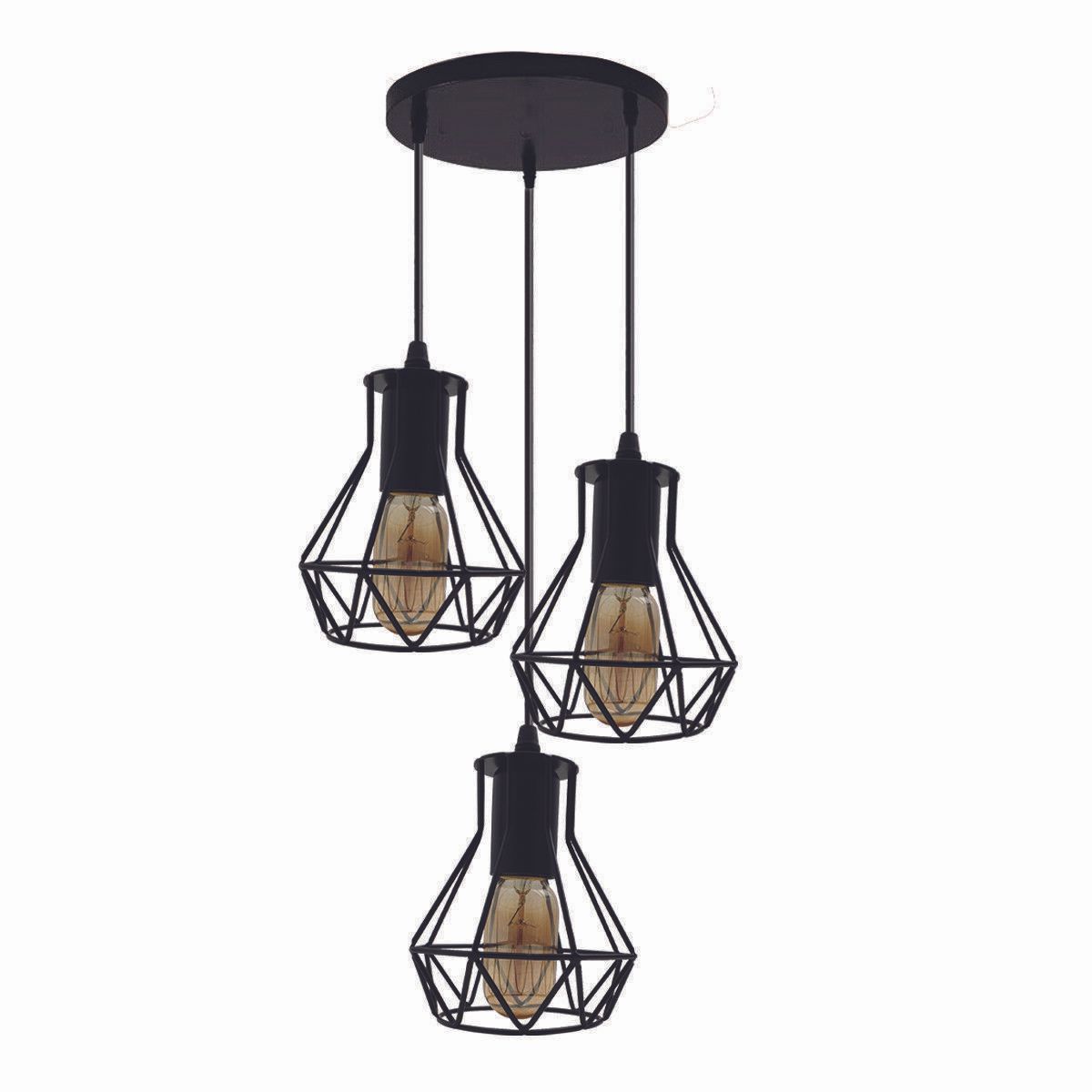 Modern Ceiling 3 Head Pendant Light Fitting Metal Black Cage
