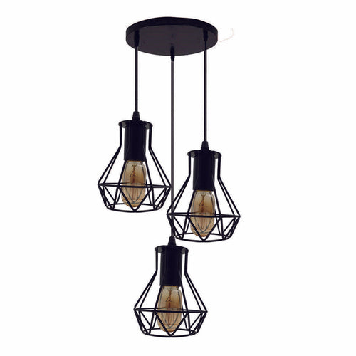 Modern Ceiling 3 Head Pendant Light Fitting Metal Black Cage