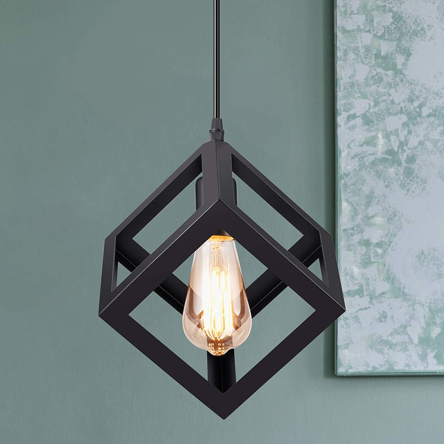 Industrial Black Square Wire Cage Pendant | Modern Kitchen Lighting